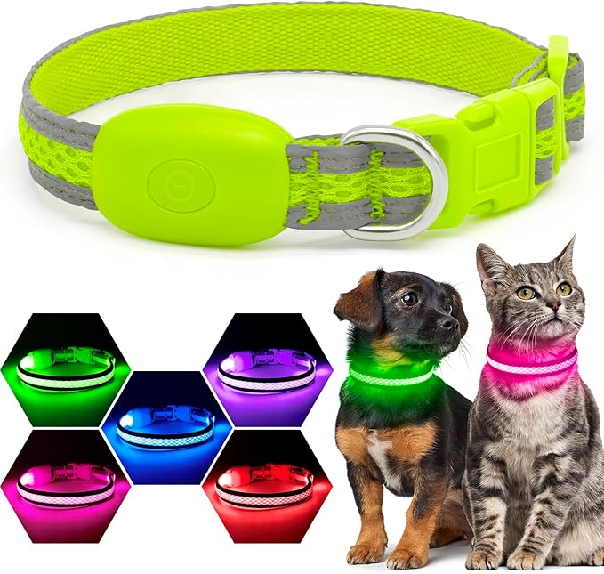 Flashseen LED Cat Collar,Light Up Dog Collar Rechargeable, Dog Lights for Night Walking, Comfortable Soft Mesh Pet Collar Adjustable for Cats Puppy and Small Dogs(Neon Green, XS)-PawvioPets