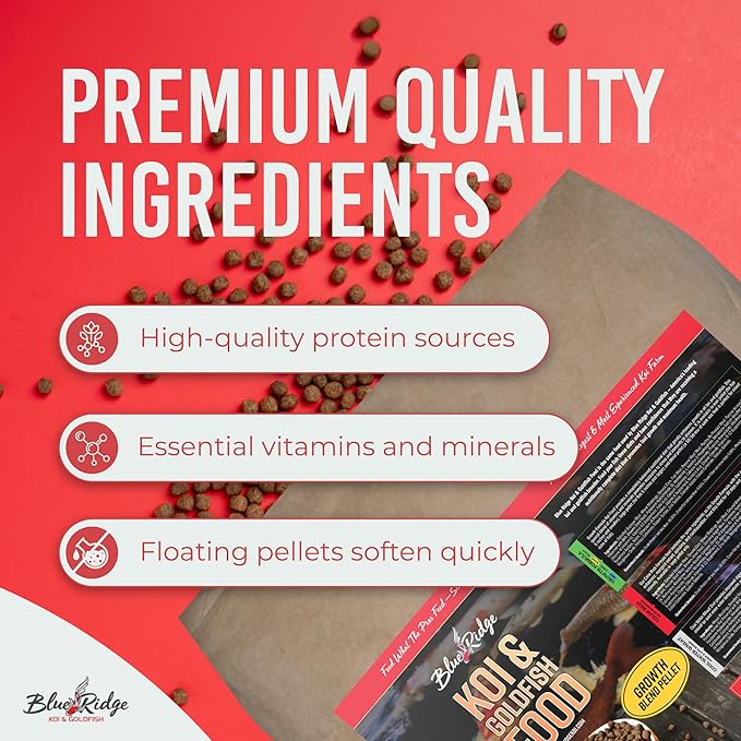 Blue Ridge Koi Fish Food 50lb - Koi Food 3/16” Large and Mini Blend Growth Formula, Goldfish Food, Premium Fish Food for Ponds, Ponds Fish Food, Floating Pond Pellets-PawvioPets