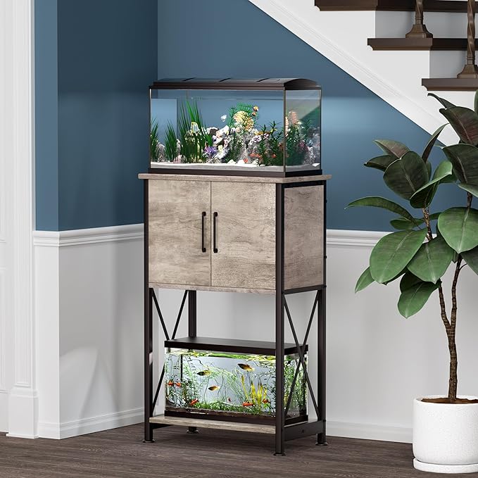 5-10 Gallon Fish Tank Stand, Metal Double Aquarium Stand with Cabinet for Fish Tank Accessories Storage, Heavy Duty 20.5" L* 11.02" W Tabletop, 500LBS Capacity Grey PG06YGZ-PawvioPets
