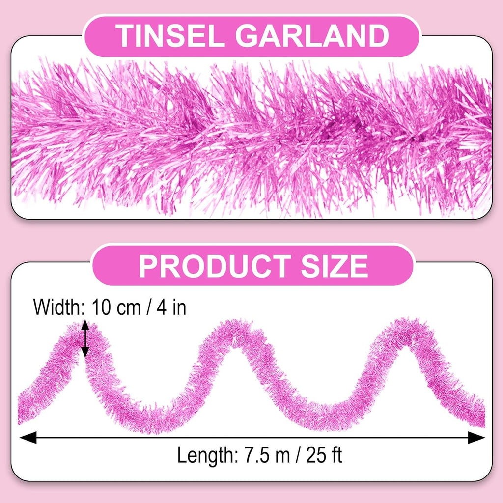 25 Feet Macaron Pink Christmas Tinsel Garland, Metallic Foil Twist Garland Wall Hanging Tinsel Banner Backdrop for Parade Floats, Easter, Mother's Day, Birthday Party Decorations (4in x 25ft)