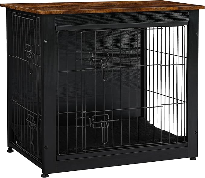 DWANTON Dog Crate Furniture with Cushion, Wooden Kennel Table with Double Doors, Indoor Dog House, Small/Medium/Large Size, 27.2" L, Black+Rustic Brown-PawvioPets