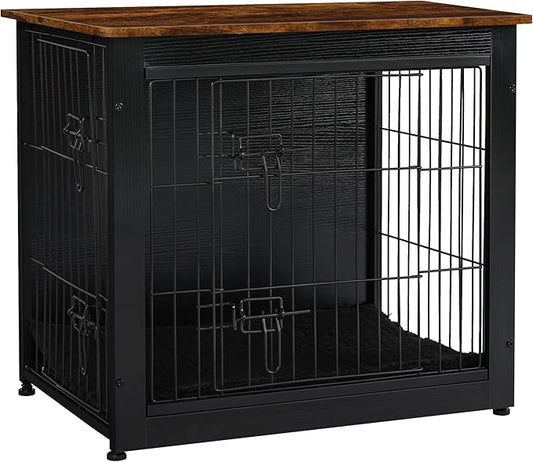 DWANTON Dog Crate Furniture with Cushion, Wooden Kennel Table with Double Doors, Indoor Dog House, Small/Medium/Large Size, 27.2" L, Black+Rustic Brown-PawvioPets