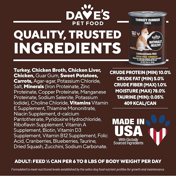 Dave's Pet Food Grain Free Wet Canned Cat Food (Turkey), Made in USA Naturally Healthy, Added Vitamins & Minerals, Gluten-Free, 12.5 oz Cans (12 Pack)-PawvioPets
