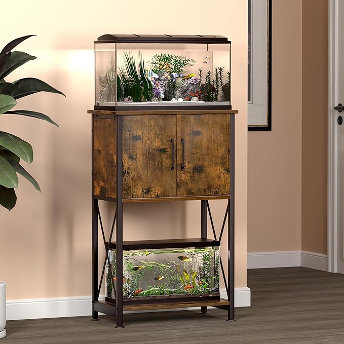 5-10 Gallon Fish Tank Stand, Metal Double Aquarium Stand with Cabinet for Fish Tank Accessories Storage, Heavy Duty 20.5" L* 11.02" W Tabletop, 500LBS Capacity Rustic Brown and Black PG06YGN-PawvioPets