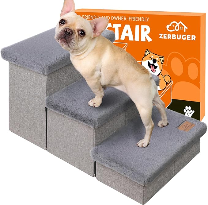 Dog Stairs with Furry Lids 18" H, 3-Step Wider Dog Steps with Storage for Small/Medium/Large Old Dogs Cats, Folding Sturdy Pet Stairs Climbing Bed Couch, Ramp for Car Hold Up to 200 lbs, Grey-PawvioPets