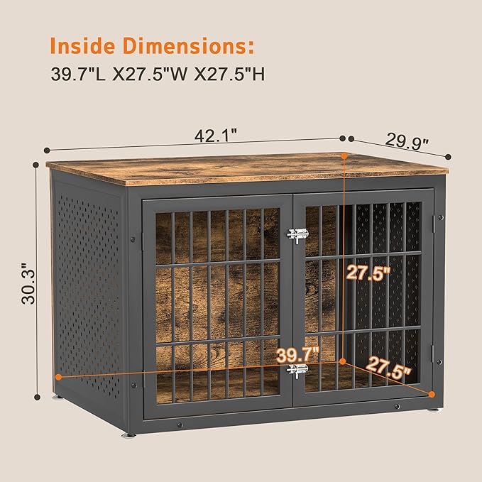 42" Heavy Duty Dog Crate Furniture for Large and Medium Dogs, Enclosed Design Wooden Metal Kennel, Wooden Cage Furniture Indoor, Decorative Dog Kennel End Table-PawvioPets