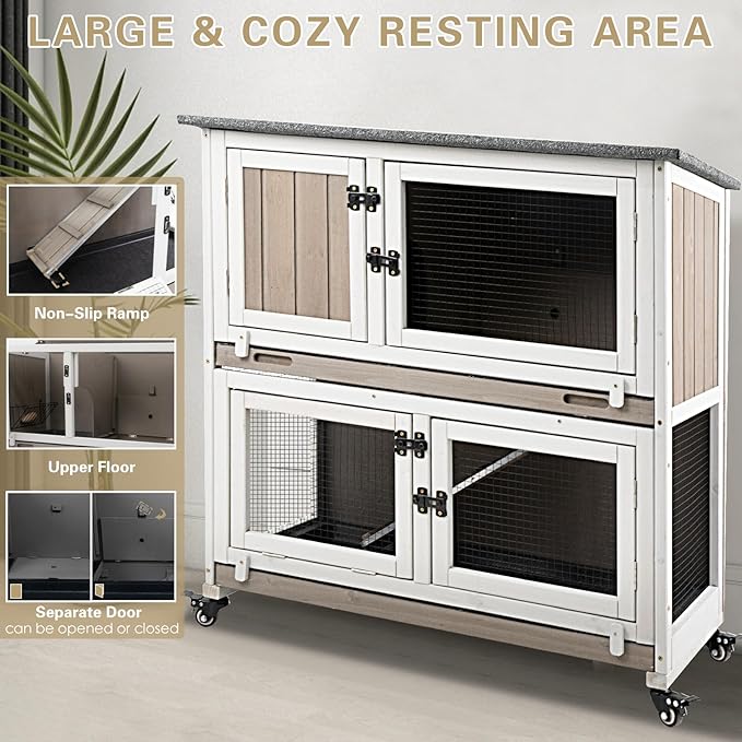 36" L Rabbit Hutch Indoor with 4 Metal Wheels, 2-Story Wooden Bunny Hutch Outdoor Bunny Cage, 2 Deeper Pull-Out Trays, Ramp, Rabbit Cage Guinea Pig Pet House for Small Animals-PawvioPets