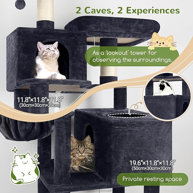 Globlazer Cat Tree Tower, 76-Inch Extra Tall Multi-Level Cat Furniture with Cozy Condos, Hammock and Perches for Adult Cats, Perfect for Climbing, Scratching, and Play, F76, Dark Grey-PawvioPets