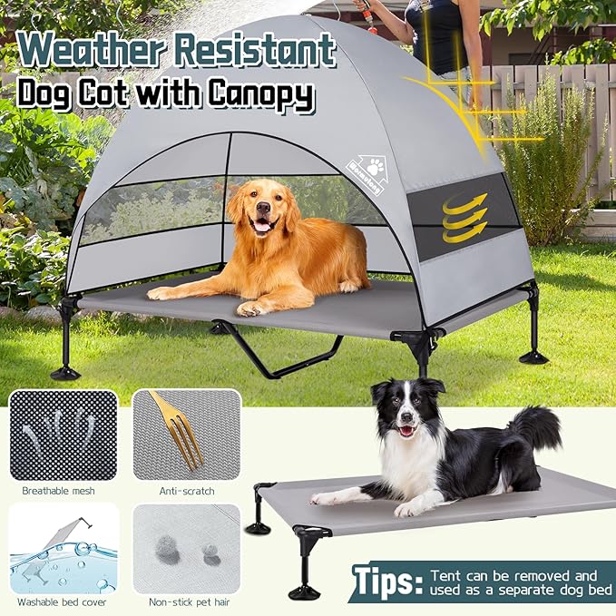 Elevated Outdoor Dog Bed with Canopy & Adjustable Feet - Larger Shade for Camping, Backyard & Patio-PawvioPets