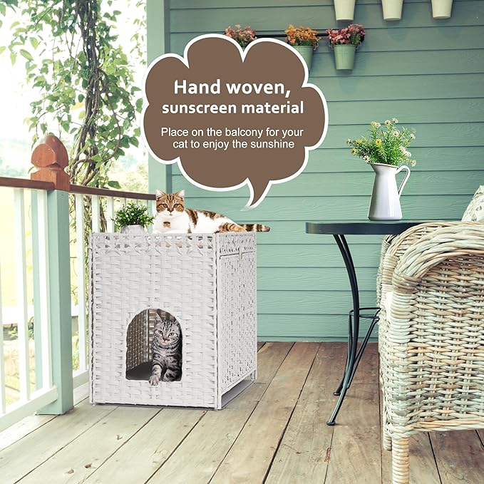 Cat Litter Box Enclosure with Soft Litter Mat; Hidden Cat Washroom Furniture with Door; Handwoven Rattan Cat House with Large Space; Pet Crate for Living Room, Bedroom, Balcony (White)-PawvioPets