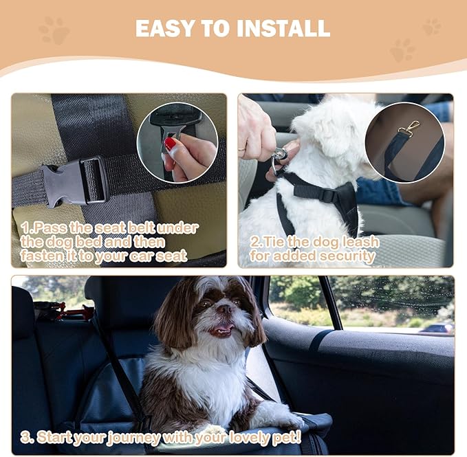 Dog Car Seat for Small Dogs, Large Leather Dog Car Bed with Storage Pocket, Waterproof PVC Leather Booster Seat Travel Bed for Front & Back Seat, Clip-On Safety Leash (Green/Brown)-PawvioPets