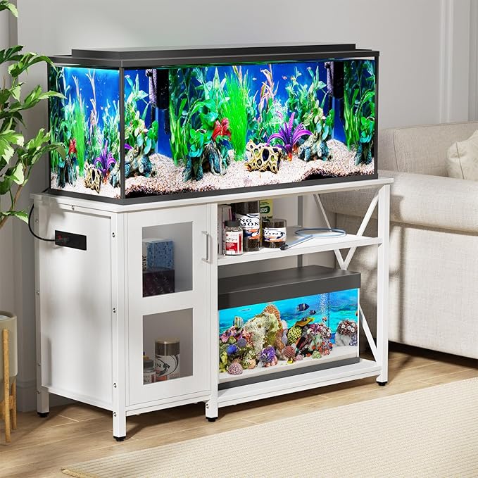 55-75 Gallon Fish Tank Stand with Cabinet, Aquarium Stand for Fish Tank Accessories Storage, Heavy Duty Metal Terrarium Stand, 52" L*19" W Tabletop, 1200LBS Capacity, White-PawvioPets