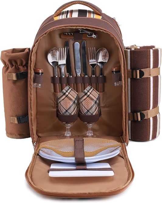 apollo walker Picnic Backpack Bag for 2 Person with Cooler Compartment, Detachable Bottle/Wine Holder, Fleece Blanket, Plates and Cutlery(2 Person, Brown)-PawvioPets