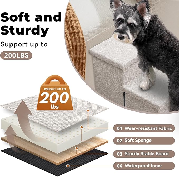 Dog Stairs with Storage 18" H, 3-Step Wider Dog Steps for Small/Medium/Large Old Dogs Cats, Folding Sturdy Pet Stairs Climbing Bed or Couch, Ramp for Car Up to 200 lbs (Beige, No Condo)-PawvioPets