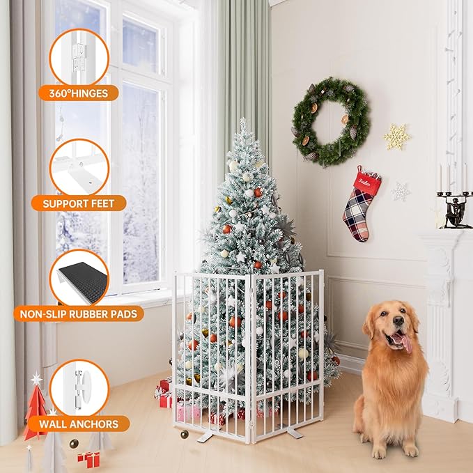 Full Metal Freestanding Dog Gate with Door, 36''Height Foldable Pet Dog Fence for Indoor & Outdoor, 2 Panels Extra Wide Free Standing TallDog Gates for Doorways,House,Stairs,Porch,Deck,Yard-PawvioPets