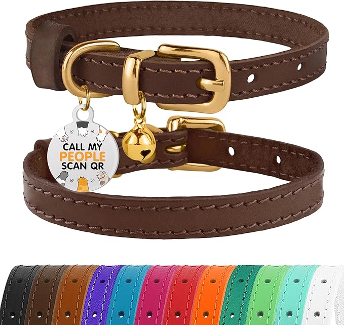 BRONZEDOG Leather Cat Collar with Removable Bells Non Breakaway Kitten QR Tag for Girl Boy (9" - 12" Cats/Mini Dogs, Dark Brown & Gold)-PawvioPets