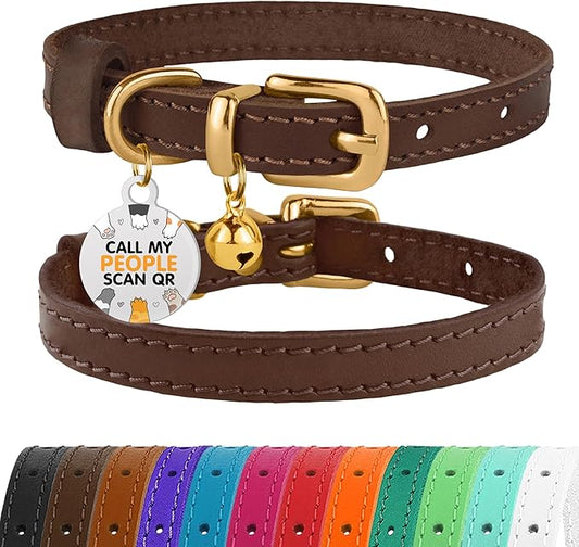 BRONZEDOG Leather Cat Collar with Removable Bells Non Breakaway Kitten QR Tag for Girl Boy (9" - 12" Cats/Mini Dogs, Dark Brown & Gold)-PawvioPets