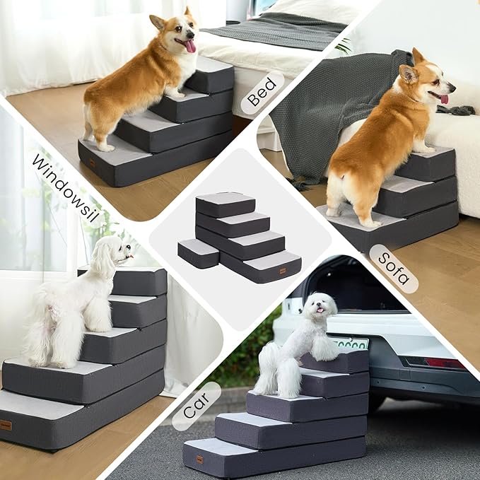 5-Step Adjustable Dog Stairs for High Beds, Dog Steps for Small Dogs and Cats, Foldable Pet Stairs for Bed Climbing, Non-Slip Pet Step Indoor, Grey-PawvioPets