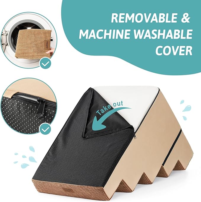 Dog Stairs for Small Dogs, 5 Tier Removable Wider Pet Stairs for Couch and Bed, 23.6" H Non-Slip Dog Steps for Puppies and Old Cats with Support Board, 29.5x19.7x23.6 inch, Light Brown-PawvioPets