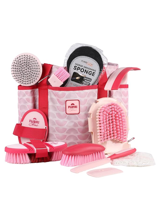 11PCS Horse Grooming Kit Curry Comb Sweat Scraper Horse Bathing Supplies Grooming Tools with Storage Bag Pink Garnet-PawvioPets