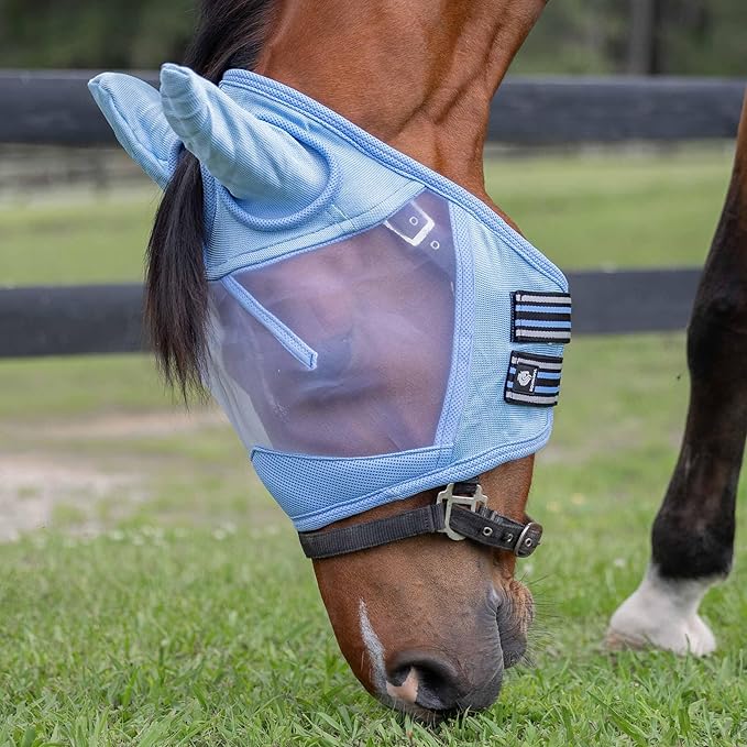 Equinavia Algard Soft Mesh Horse Fly Mask with Ear Protection and 45 UPF Rating | No Eye Irritation & UV Protection - Light Blue - Pony-PawvioPets