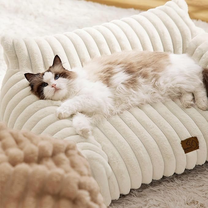 Bedsure Cute Cat Couch for Pets - Fluffy Small Dog Sofa with Premium Soft Corduroy Fleece, Pet Sofa with Removable Washable Cover, Supportive Dog Couch Bed for Small Medium Dogs, 30inch, Cream-PawvioPets