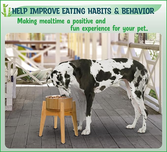 Elevated Dog Bowls for Large Breed - (15-Inch Tall, 74-oz Cap), Deter Ants and Bugs - Raised Single Feeder, Suitable for Dry and Wet Pet Foods - Bamboo with Stainless Steel Dish-PawvioPets