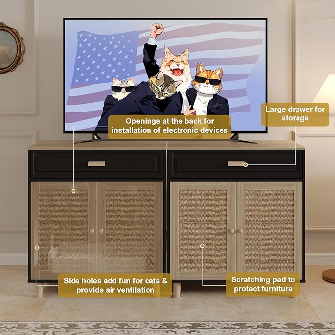 Cat Litter Box Enclosure Furniture Hidden Indoor 2-in-1 Wooden Cat House & Washroom Cabinet with Scratching Board Doors and Drawer, 31.5"x15.7"x34.6"H - Black-PawvioPets