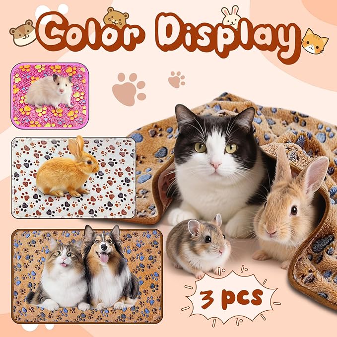 3 Pcs Washable Guinea Pig Blankets Absorbent Small Animal Fleece Bedding Cage Liners Reusable Pet Pee Pad Sleep Mat Pad Cover for Hamster Ferret Rabbit Chinchilla Hedgehog (Multi, Muitisize)-PawvioPets