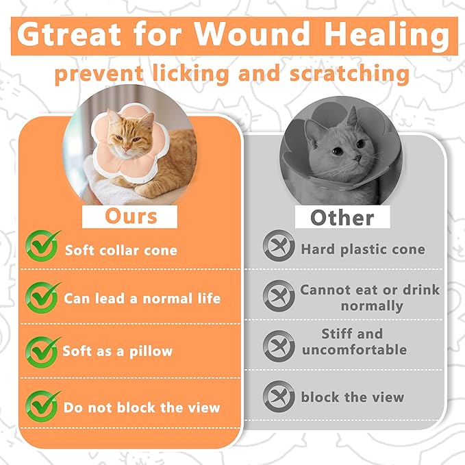 Cat Cone Collar Soft, Waterproof Cats Cones to Stop Licking After Surgery, Adjustable Soft Elizabeth Cats Collars for Wound Healing, Flower Shape Cat Recovery Collar (Pastel Orange, Small)-PawvioPets
