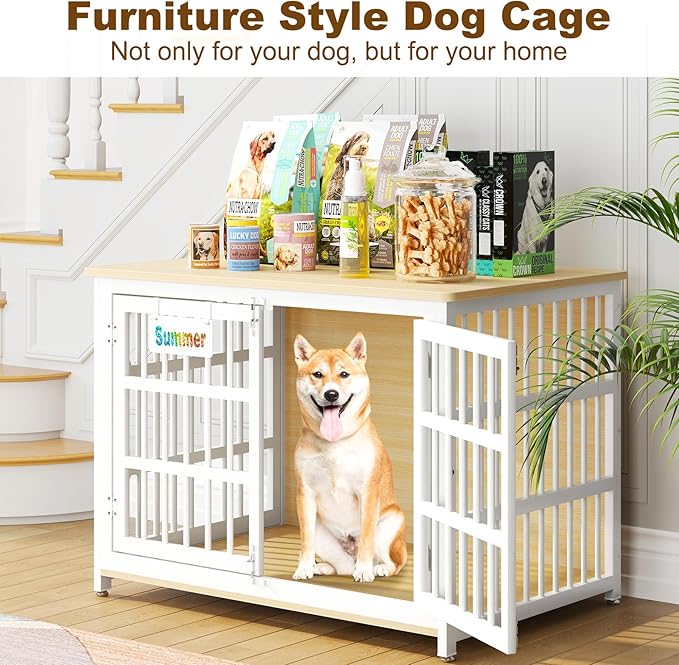 EasyCom Heavy Duty Dog Kennel Indoor with Name Tag, 41" Dog Crate Furniture for Medium Dogs, Double-Doors Sturdy Metal Dog Cage for Anxiety Dog, Decorate House as TV Stand, End Table, Bedside Table-PawvioPets