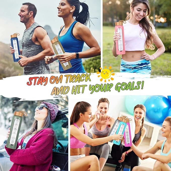 Aqulea Glass Water Bottles 32 Oz with Silicone Sleeve - BPA Free Reusable Wide Mouth Glass Motivational Water Bottles with Fruit Infuser – Leak Proof Borosilicate Water Bottle with Time Marker (Teal)-PawvioPets