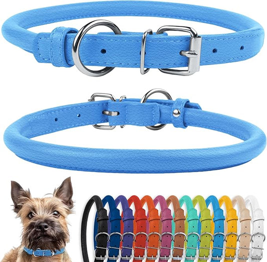CollarDirect Rolled Leather Dog Collar, Soft Padded Round Puppy Collar, Handmade Genuine Leather Collar Dog Small Large Cat Collars 13 Colors (6-7 Inch, Light Blue Textured)-PawvioPets