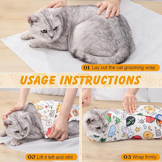 21.7 in Cat Wrap for Cutting Nails, Self-Adhesive Cat Grooming Wrap Anti-Escape Cat Restraint for Nail Clipping Cat Swaddle Wrap Cat Wrapping Cloth for Pet Cleaning and Beauty (Within 6.6 lbs)-PawvioPets
