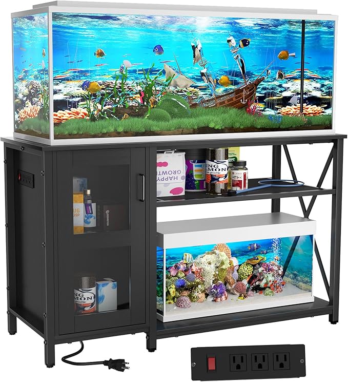 55-75 Gallon Fish Tank Stand , Aquarium Stand with Cabinet & Power Outlets for Fish Tank Accessories Storage, Heavy Duty Metal Terrarium Stand, 52" L*19" W Tabletop, 1200LBS Capacity, Black-PawvioPets