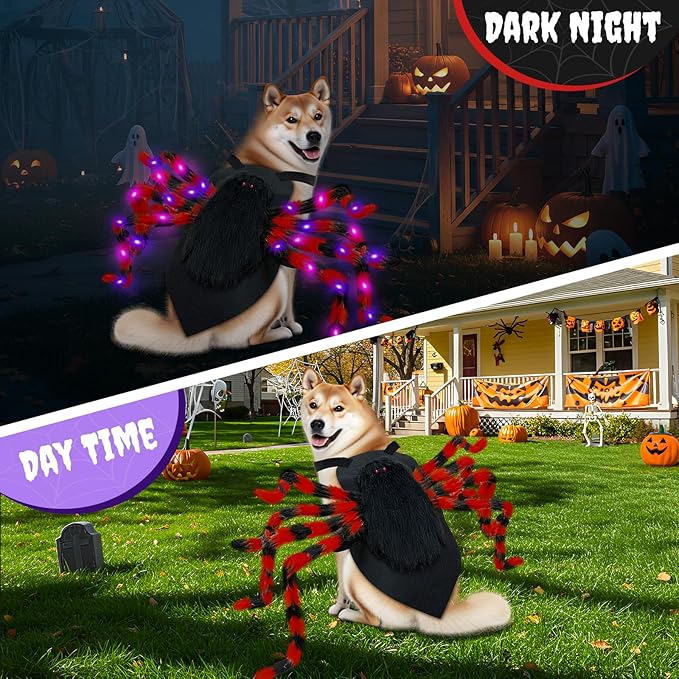 Dog Halloween Costume Large Breed, Furry Dog Spider Costume with 64 LED, Funny Halloween Dogs Costumes for Large Dogs Medium Pet Halloween Party Cosplay (Red)-PawvioPets