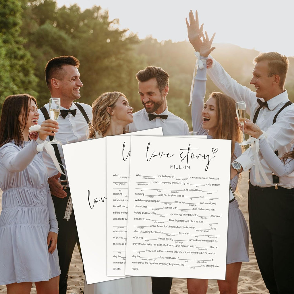 Bridal Shower Games, Love Story Fill-in, 25Pcs Minimalist White Double-Sided Bridal Game Cards, Wedding Shower Games for Guests, Engagement Bachelorette Party Supplies - A26