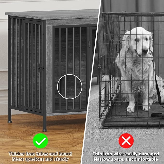 EasyCom 63" Dog Cage Furniture for 2 Pets with Divider, XL Wooden Double Dog Crate Furniture TV Stand for Mideum Breed, Durable and Sturdy-PawvioPets