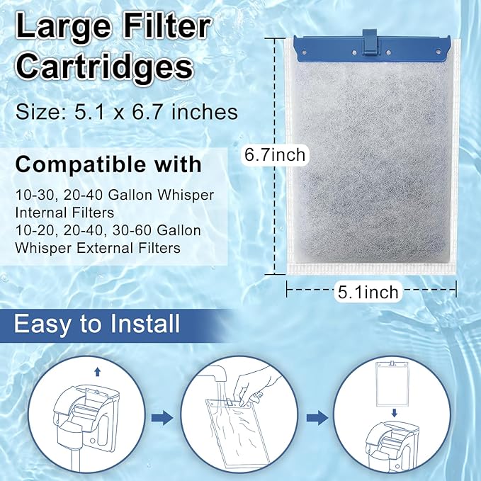 6 Pack Filter Cartridge Compatible with Whisper Bio-Bag Filters, Large Aquarium Filter Cartridges Compatible Replacement with Whisper Filters 20i,40i/IQ20,30,45,60/PF20,30,40,60 and ReptoFilter-PawvioPets