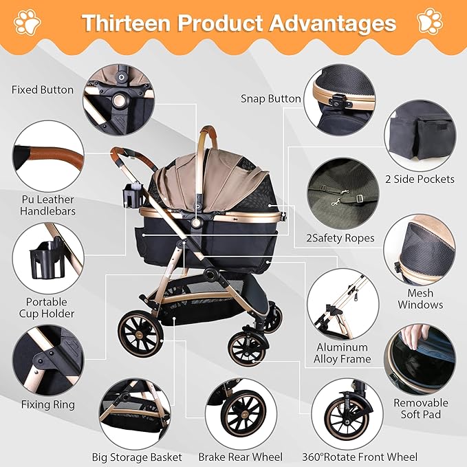 Dog Stroller for Small Medium Dogs, 3 in 1 Folding Pet Stroller Up to 33 lbs, 4 Wheels Pet Strolling Cart with Zipperless Entry, Cat Dog Travel Carrier with Cup Holder & Storage Basket-PawvioPets