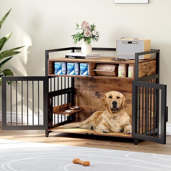 Furniture Style Dog Crate with Storage, 41 Inch Dog Crate Furniture with Double Doors, 2 Stainless Steel Bowls, Dog Crate Furniture-Style Crate for Large/Medium Dog-PawvioPets