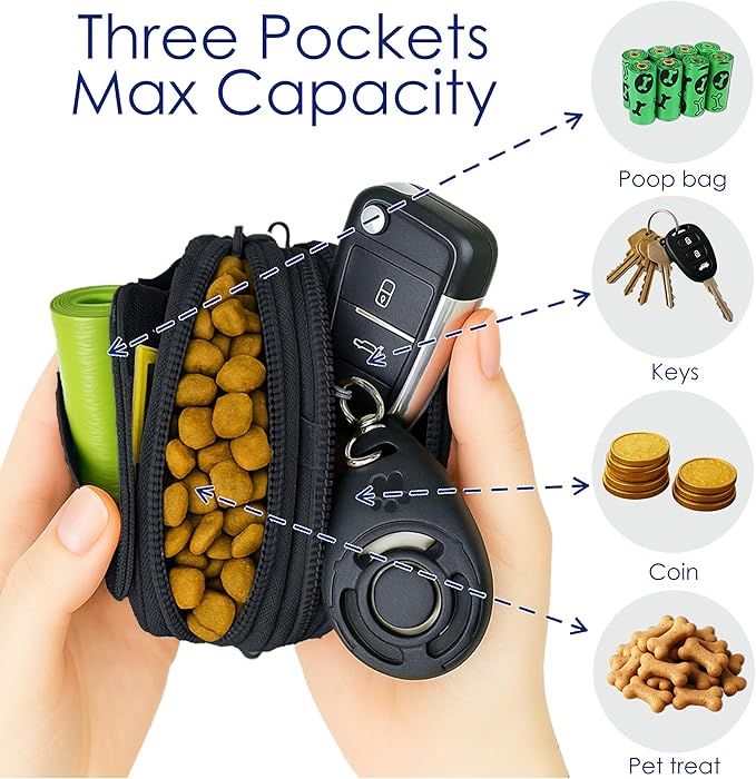 Dog Treat Pouch for Pet Walking and Training with Clicker, Poop Bags, and Three Bags Design Small Fanny Zipper Pack Holder for Puppy Snack Dispenser Kit for Leash and Outdoor Use (Black)-PawvioPets