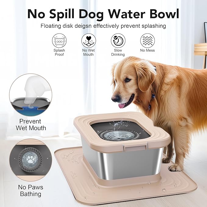Decflow 10L Stainless Steel Dog Water Bowl, No Spill Anti-Splash Dog Bowls with XXL Silicone Mat, Spill-Proof Slow Feeder for Messy Drinkers, Heavy Duty Pet Bowls Indoor/Outdoor Use-PawvioPets