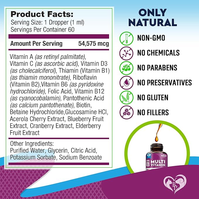 Cat & Dog Multivitamin Liquid with Glucosamine & Cranberry | 15 in 1 Health Supplements for Urinary Tract Kidney, Bladder, Hip & Joint, Skin & Coat | Natural UTI Medicine Made in USA (60 ml)-PawvioPets