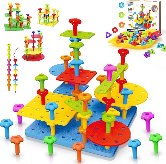 Ggiibro Peg Board Toy set 101Pcs DIY Building Stacking Toys for Kids 3-6 Years Old,STEM Educational Kids Toy for Brain Development,Montessori Sensory Toys,Plastic Lacing String Game-PawvioPets