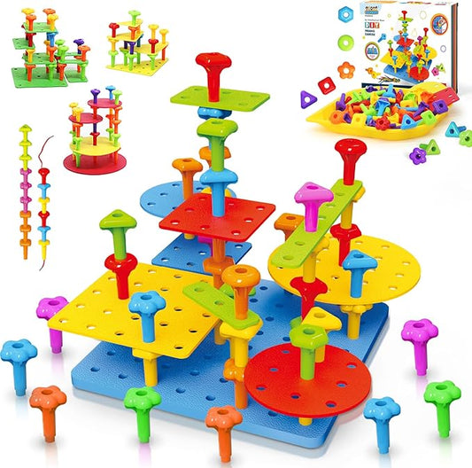 Ggiibro Peg Board Toy set 101Pcs DIY Building Stacking Toys for Kids 3-6 Years Old,STEM Educational Kids Toy for Brain Development,Montessori Sensory Toys,Plastic Lacing String Game-PawvioPets