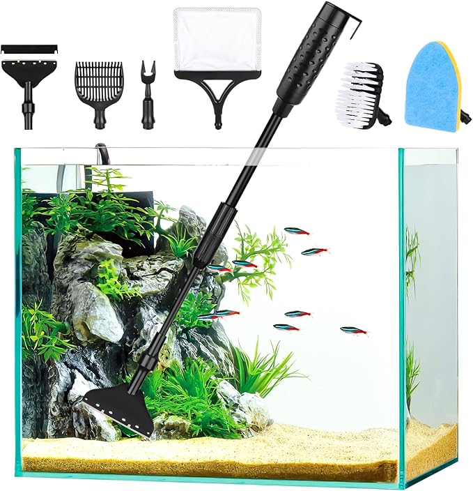 AQQA Aquarium Cleaning Tools Multifunctional 6-in-1 Fish Tank Cleaning Kits with Telesopic Handle Alage Scraper Sponge Scrubber Stiff Brush Plant Fork Gravel Rake Fish Net-PawvioPets