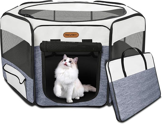 Dog Playpen, Portable Pet Play Pen Foldable Carrying Case, Puppy Pens Outsid for Small Cat Indoor/Outdoor, Removable Mesh Shade Cover-PawvioPets