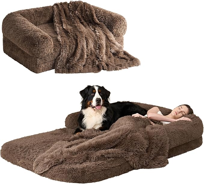 EHEYCIGA Foldable Human Dog Bed, Orthopedic Memory Foam Human Sized Dog Bed, Waterproof Pet Bed for People, Faux Fur Pet Couch for Adult, Brown, 72"x44"x11"-PawvioPets