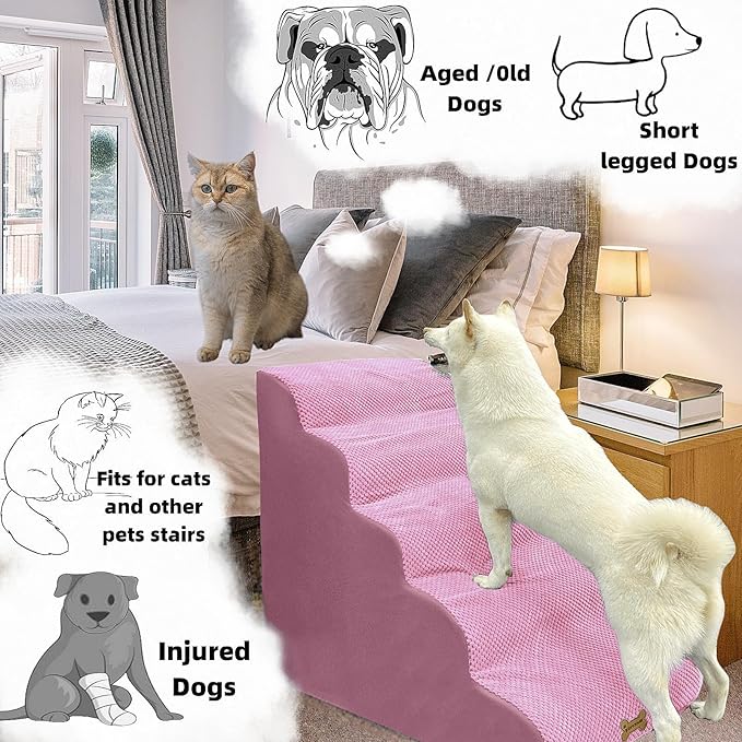 Dog Stairs & Pet Ramp for Small/Large Dogs to High Beds/Couches - 5 Steps 24-inch Height for 18-30 inch Furniture, 2 Washable Covers (Pink, Grey), Non-Slip Balanced 33D Design for Old Dogs & Cats-PawvioPets